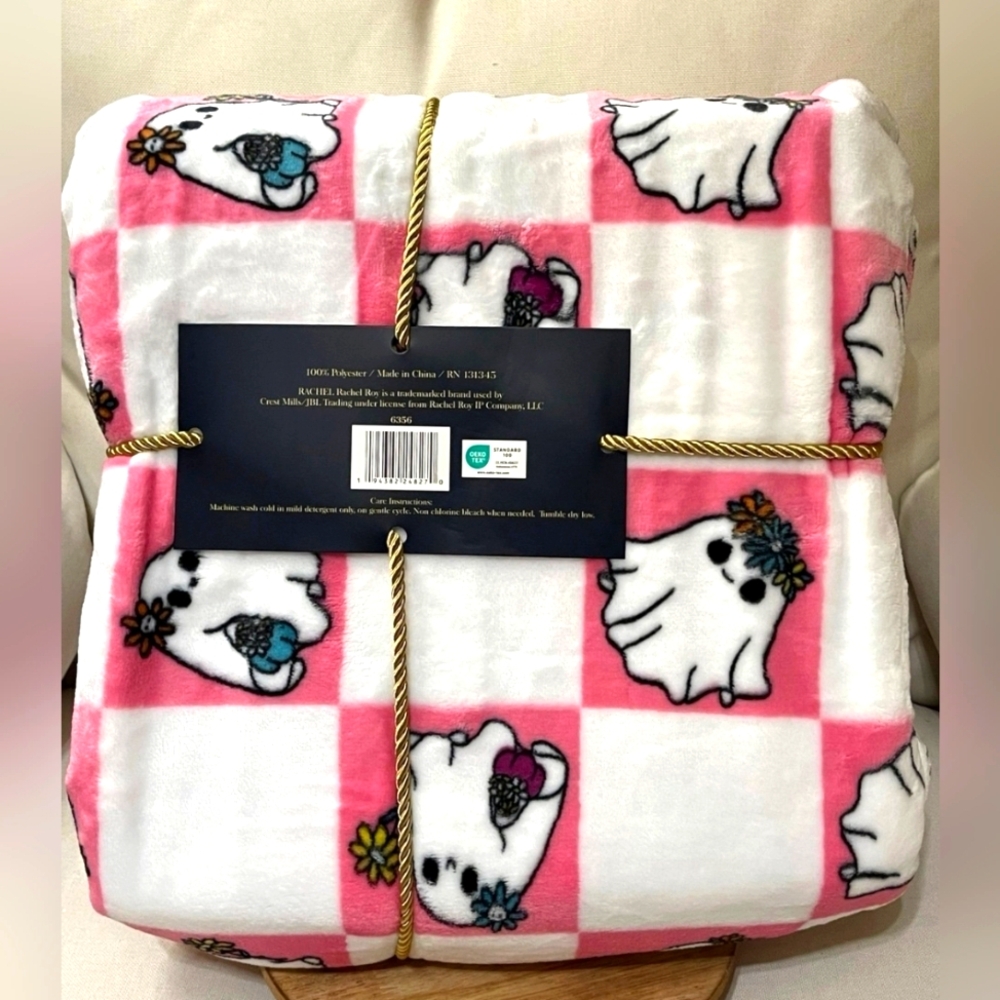 Rachel Roy PINK ghost with flower halloween blanket queen size TikTok viral htf